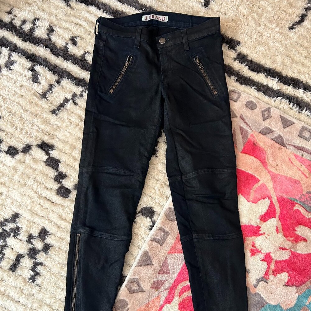 J Brand skinny black wax jeans with zipper